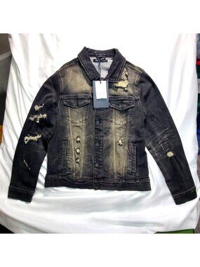 Embellish Designer Distressed Black Denim Jacket Mens Medium Casual Button-Up